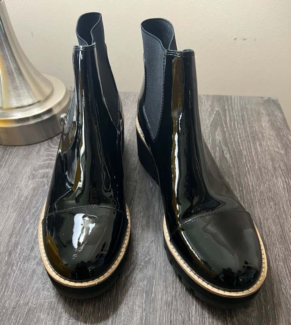 Eileen Fisher Black Patent Leather Chelsea Wedge Lug Heel Boots